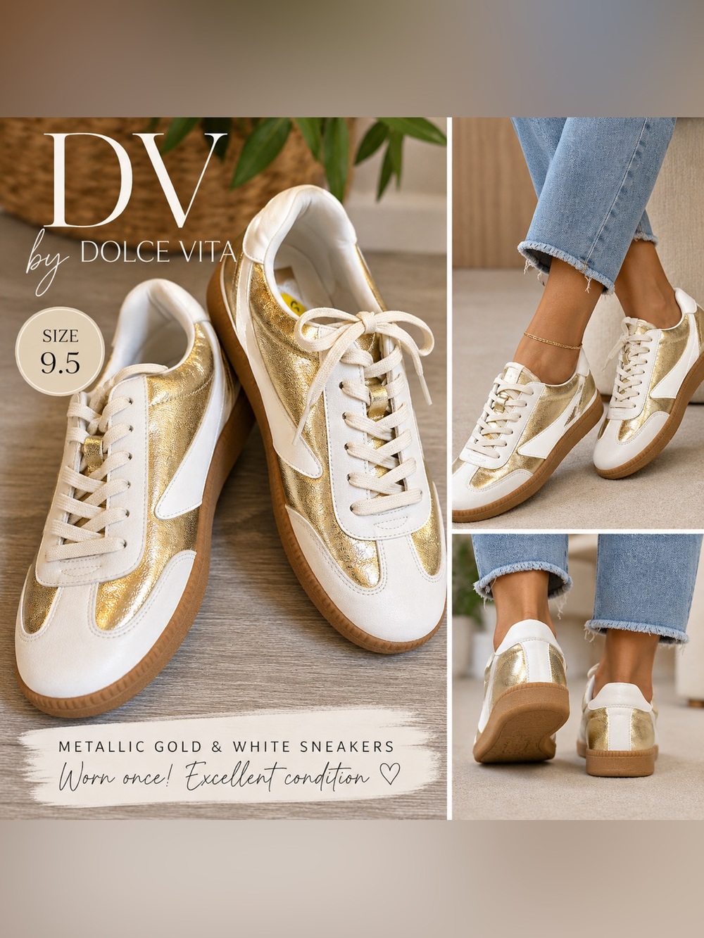 Dolce Vita Quantum Metallic Gold White Sneakers shoe low top laces 9.5